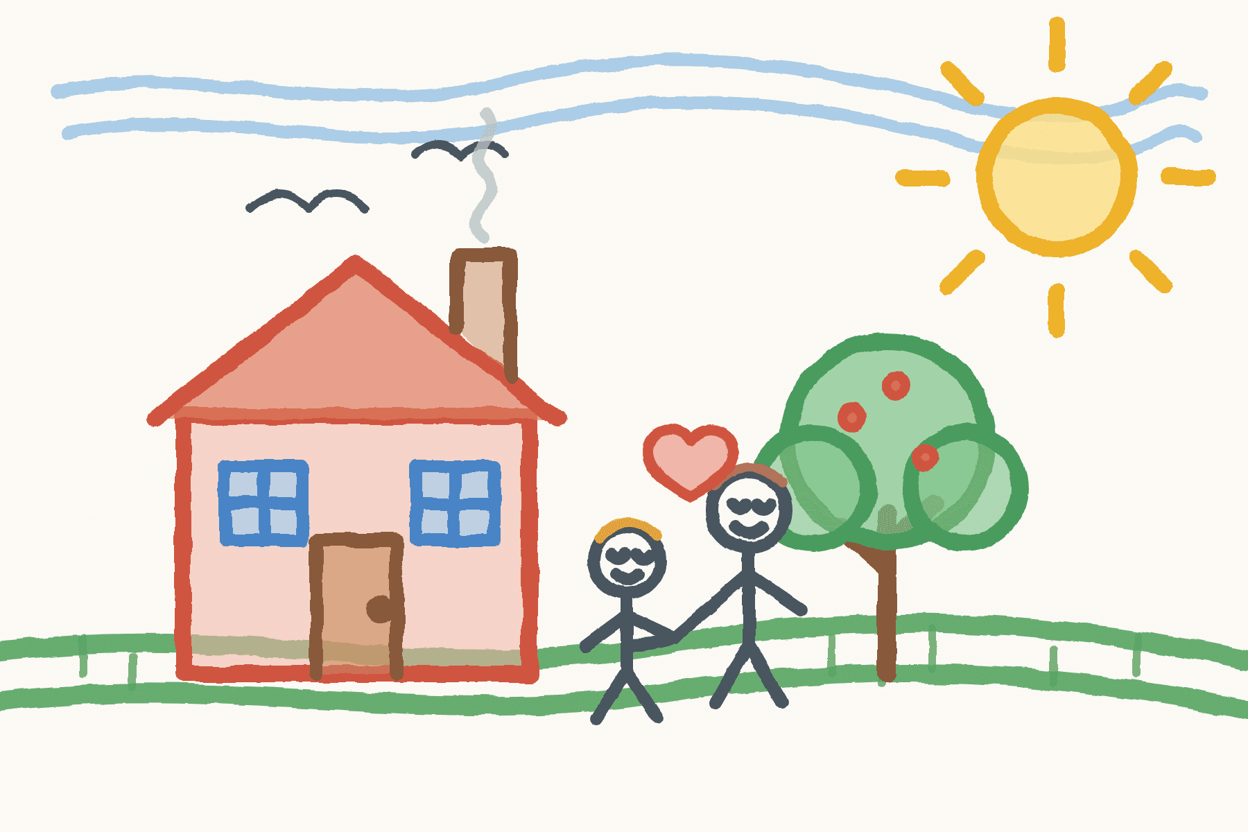 A child's crayon drawing of a house, a tree and two figures holding hands under a bright sun, printed on a postcard.