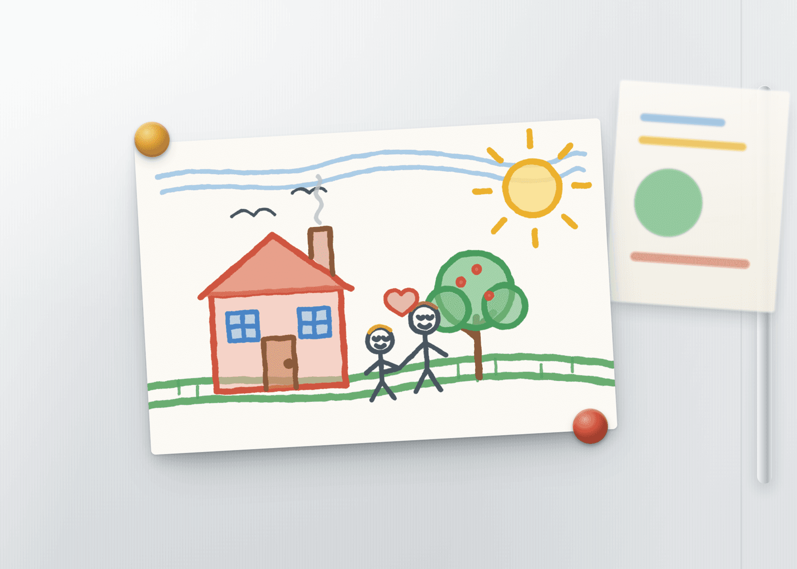 A child's crayon-drawn postcard held to a fridge door with magnets — the kind of small moment real mail creates.